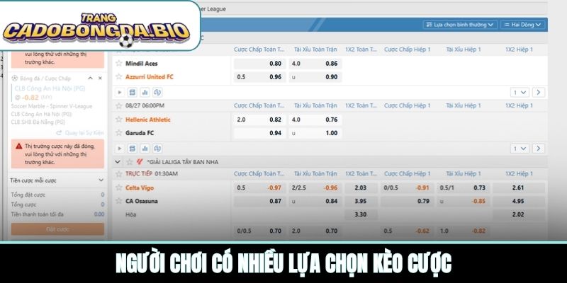 Người chơi có nhiều lựa chọn kèo cược